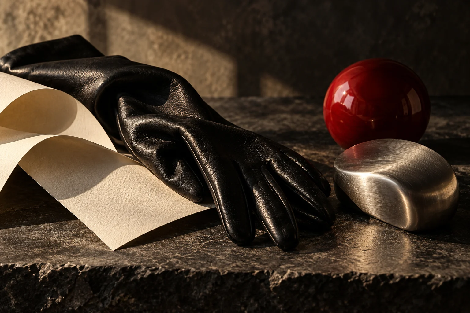 Leather, paper and sculptural objects in warm directional light