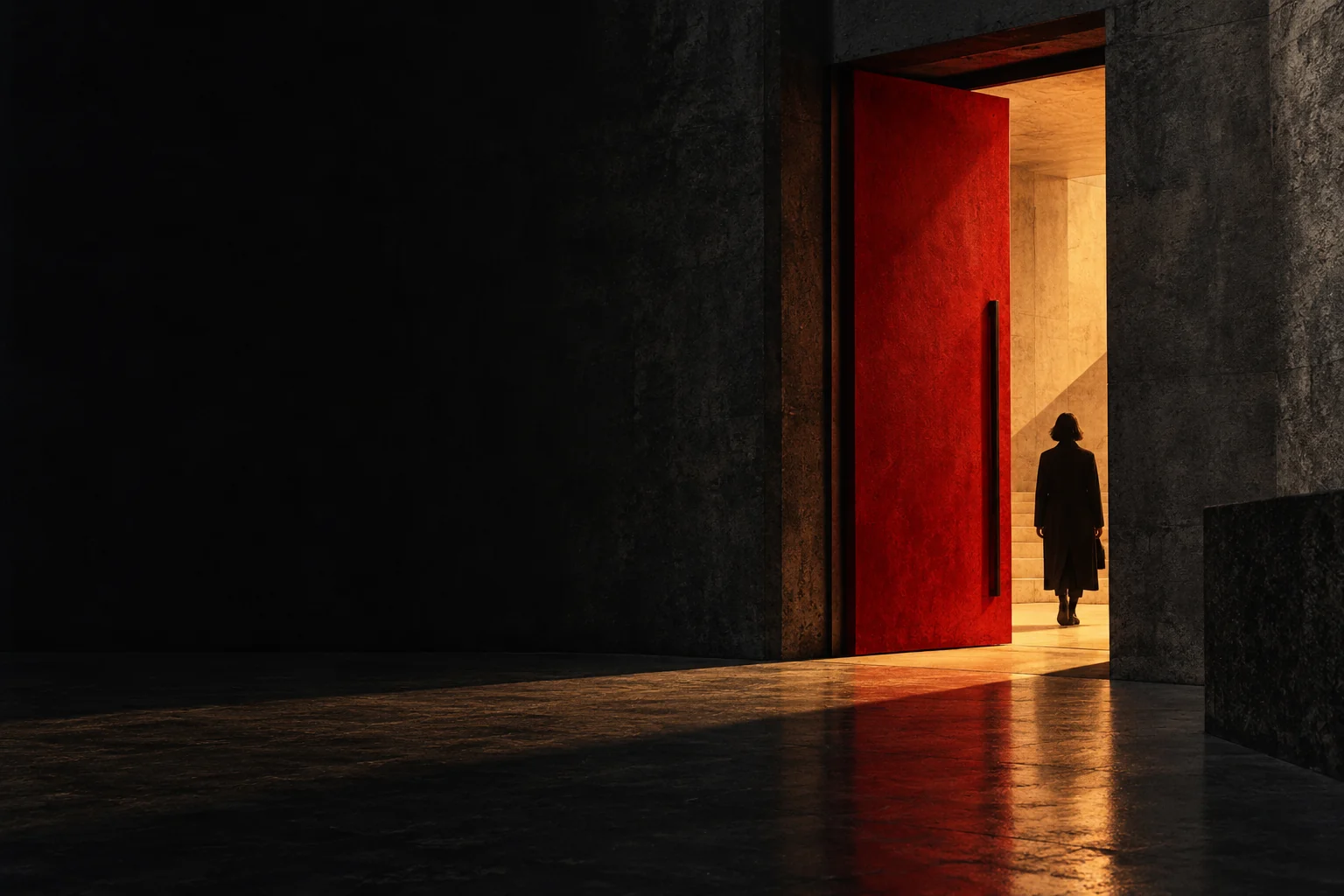 A red door opening into a warmly lit space